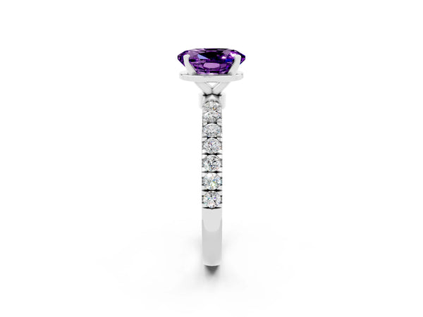 Silver Oval Cut Amethyst Solitaire Ring with Pavé Accents and Four-Prong Setting