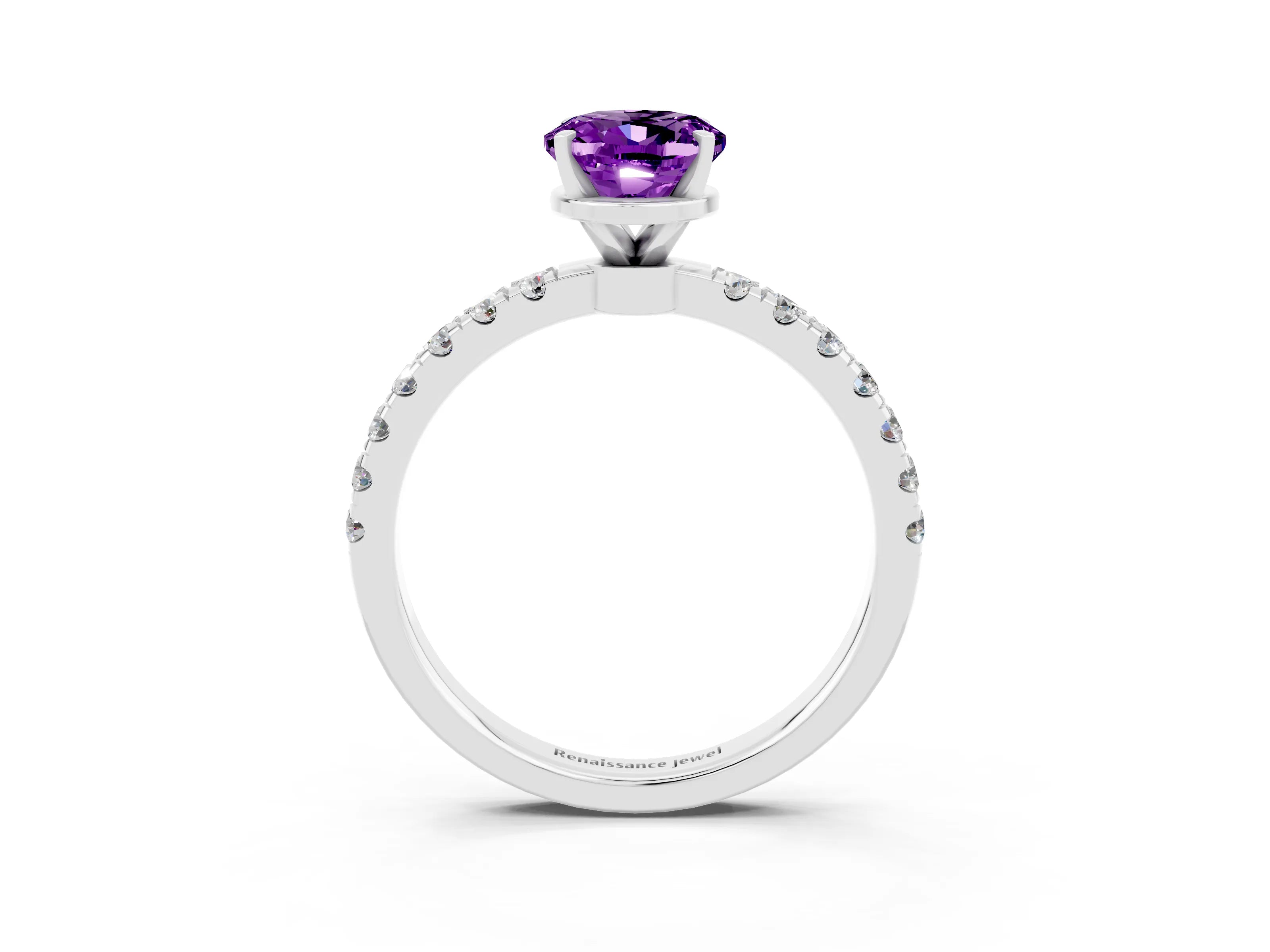 White gold Oval Cut Amethyst Solitaire Ring with Pavé Accents and Four-Prong Setting_3