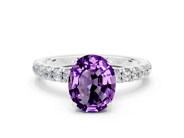 White gold Oval Cut Amethyst Solitaire Ring with Pavé Accents and Four-Prong Setting