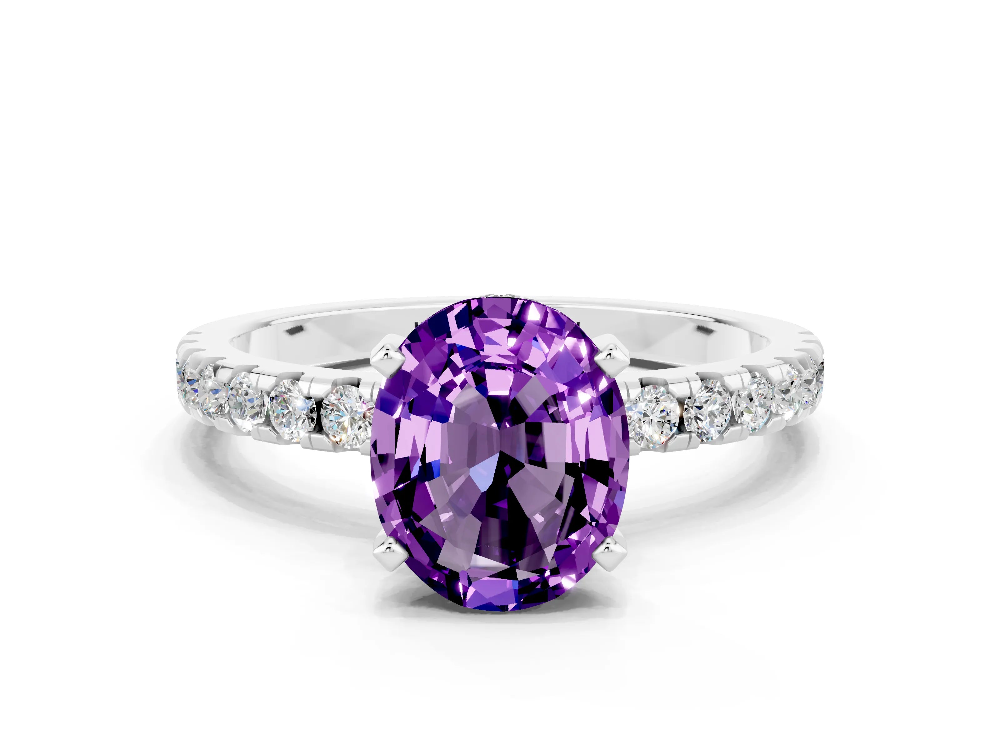 White gold Oval Cut Amethyst Solitaire Ring with Pavé Band and Four-Prong Setting_12