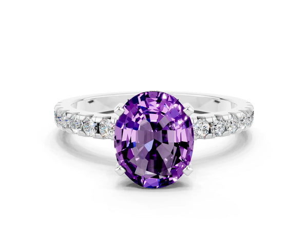 Silver Oval Cut Amethyst Solitaire Ring with Round  Pavé Band and Four-Prong Setting