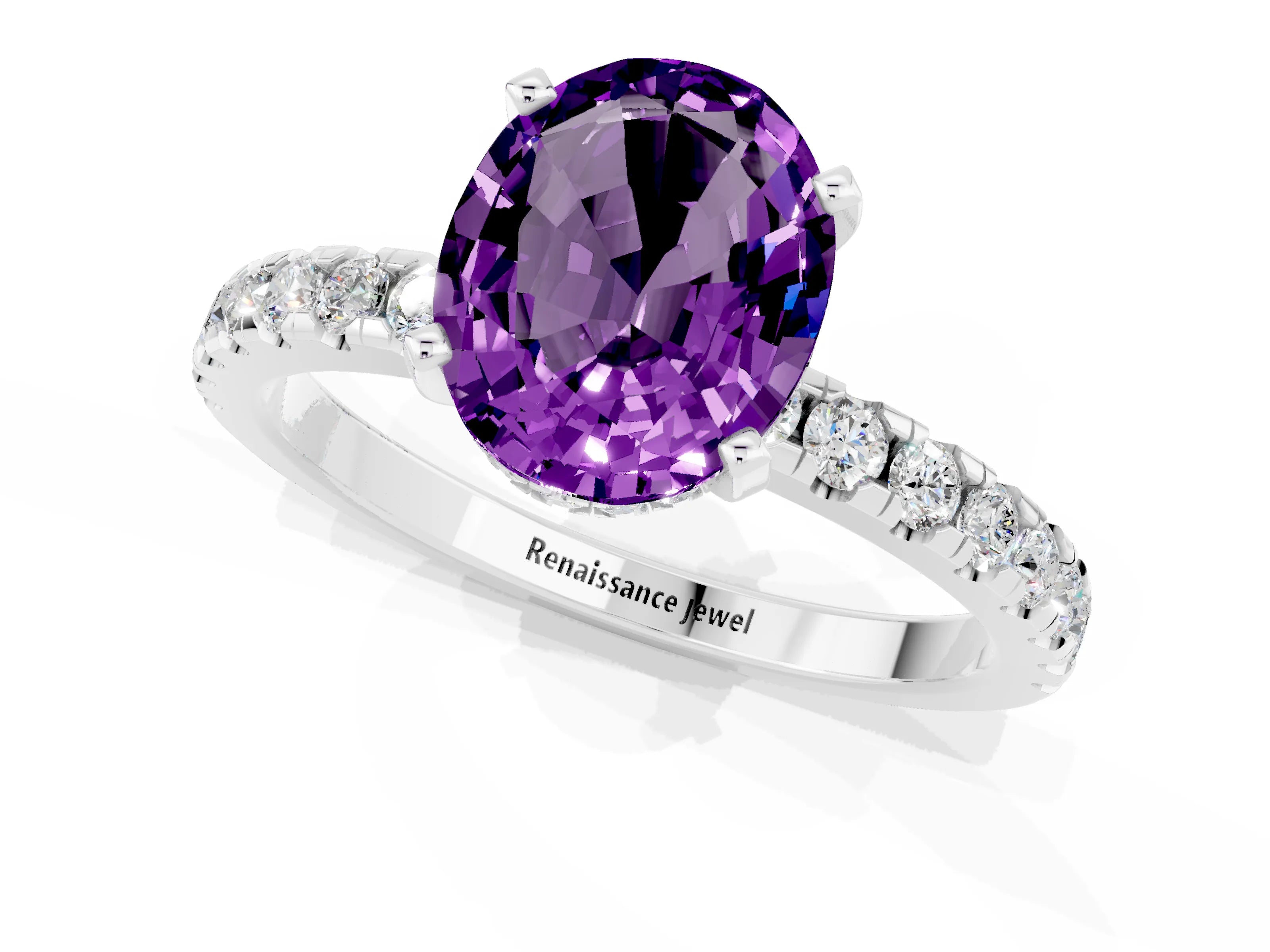 White gold Oval Cut Amethyst Solitaire Ring with Pavé Band and Four-Prong Setting_13
