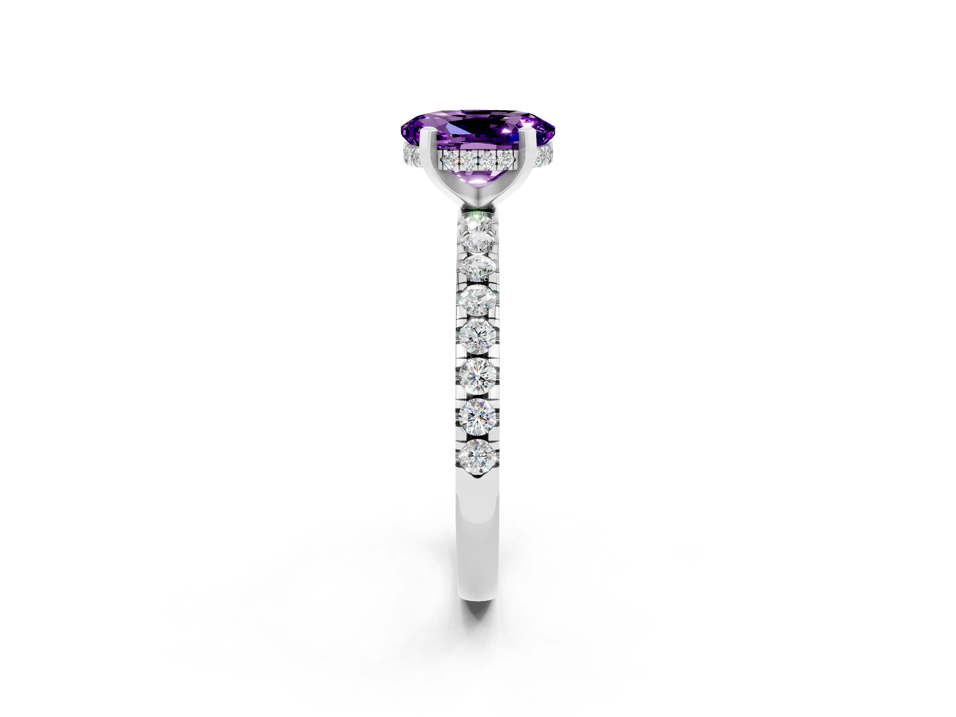 White gold Oval Cut Amethyst Solitaire Ring with Pavé Band and Four-Prong Setting_14