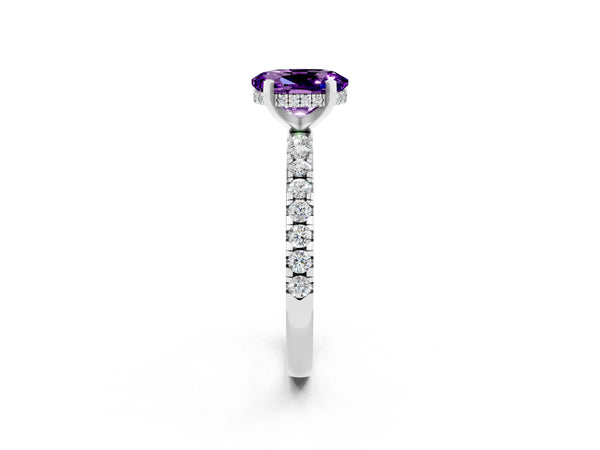 Silver Oval Cut Amethyst Solitaire Ring with Round  Pavé Band and Four-Prong Setting
