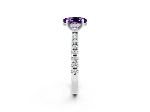 White gold Oval Cut Amethyst Solitaire Ring with Pavé Band and Four-Prong Setting_14
