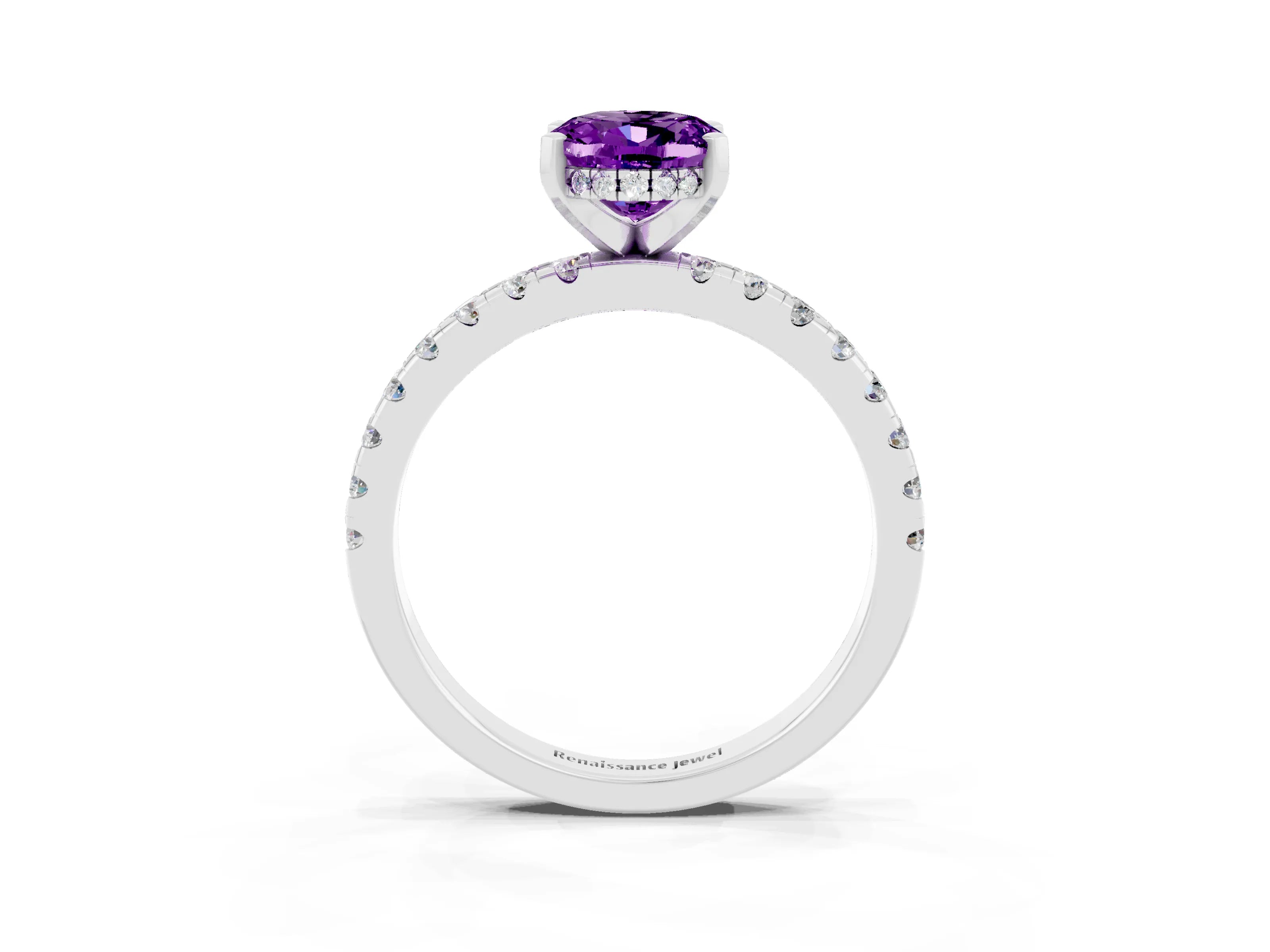 White gold Oval Cut Amethyst Solitaire Ring with Pavé Band and Four-Prong Setting_15