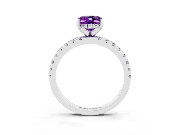 Platinum Oval Cut Amethyst Solitaire Ring with Round  Pavé Band and Four-Prong Setting