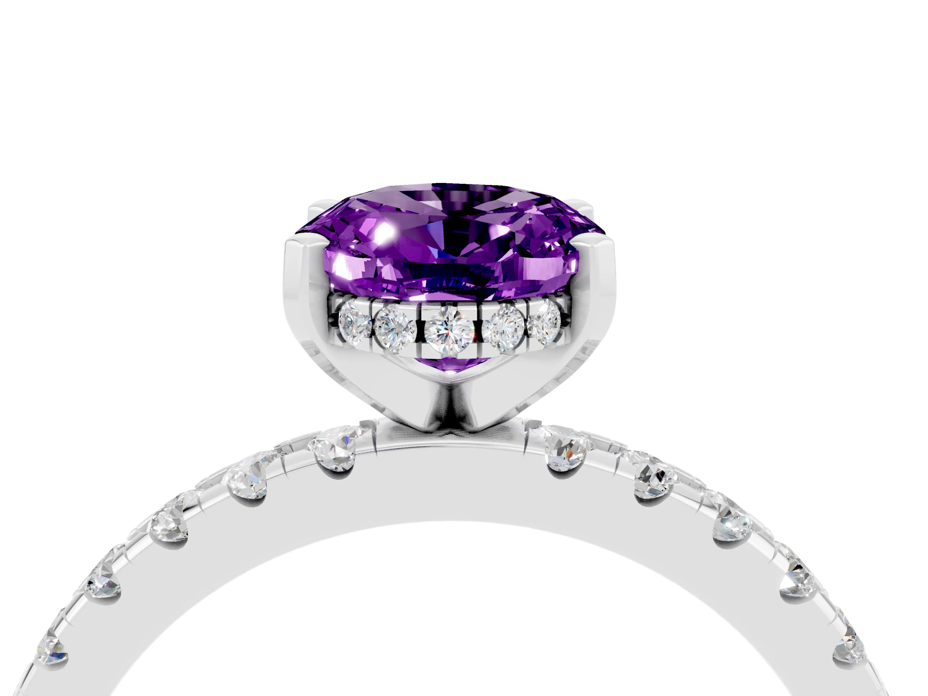 White gold Oval Cut Amethyst Solitaire Ring with Pavé Band and Four-Prong Setting_16