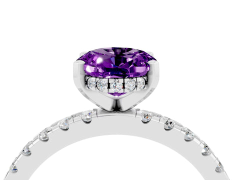 White gold Oval Cut Amethyst Solitaire Ring with Pavé Band and Four-Prong Setting_16