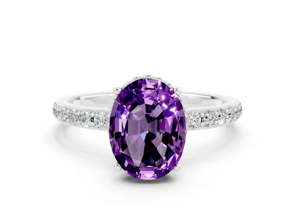 Platinum Oval Cut Amethyst Solitaire Ring with Pavé Band and Hidden Halo
