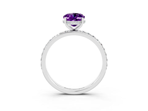White gold Oval Cut Amethyst Solitaire Ring with Pavé Band and Hidden Halo_15