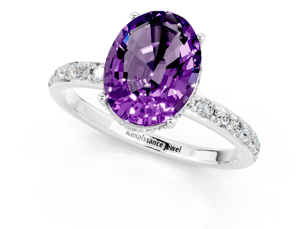 Silver Oval Cut Amethyst Solitaire Ring with Pavé Band and Hidden Halo