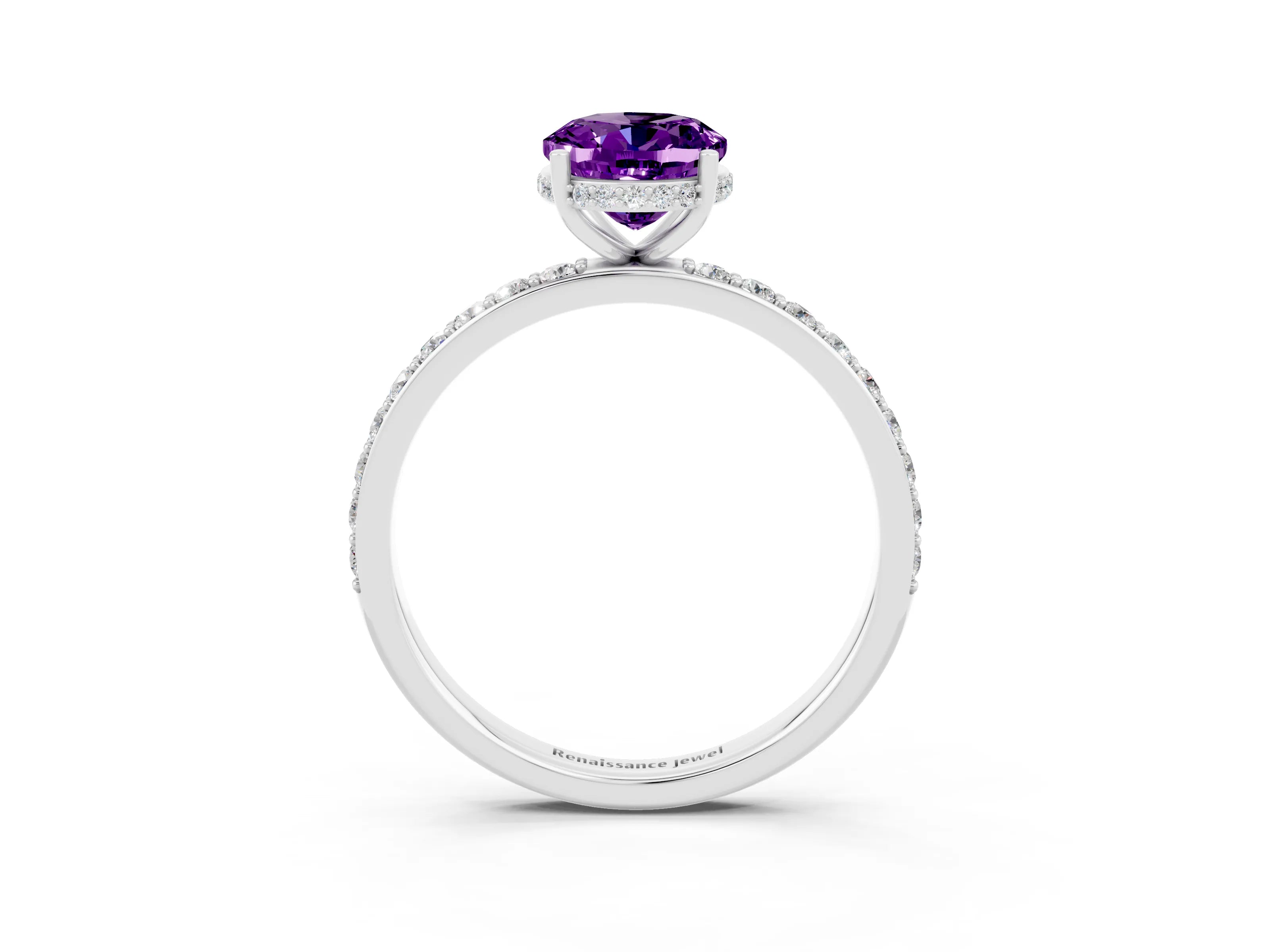 White gold Oval Cut Amethyst Solitaire Ring with Pavé Band and Hidden Halo_3