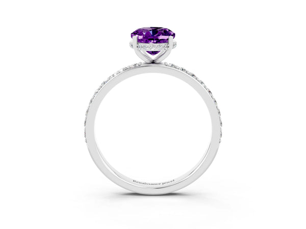 Silver Oval Cut Amethyst Solitaire Ring with Pavé Band and Hidden Halo