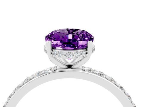 White gold Oval Cut Amethyst Solitaire Ring with Pavé Band and Hidden Halo_4