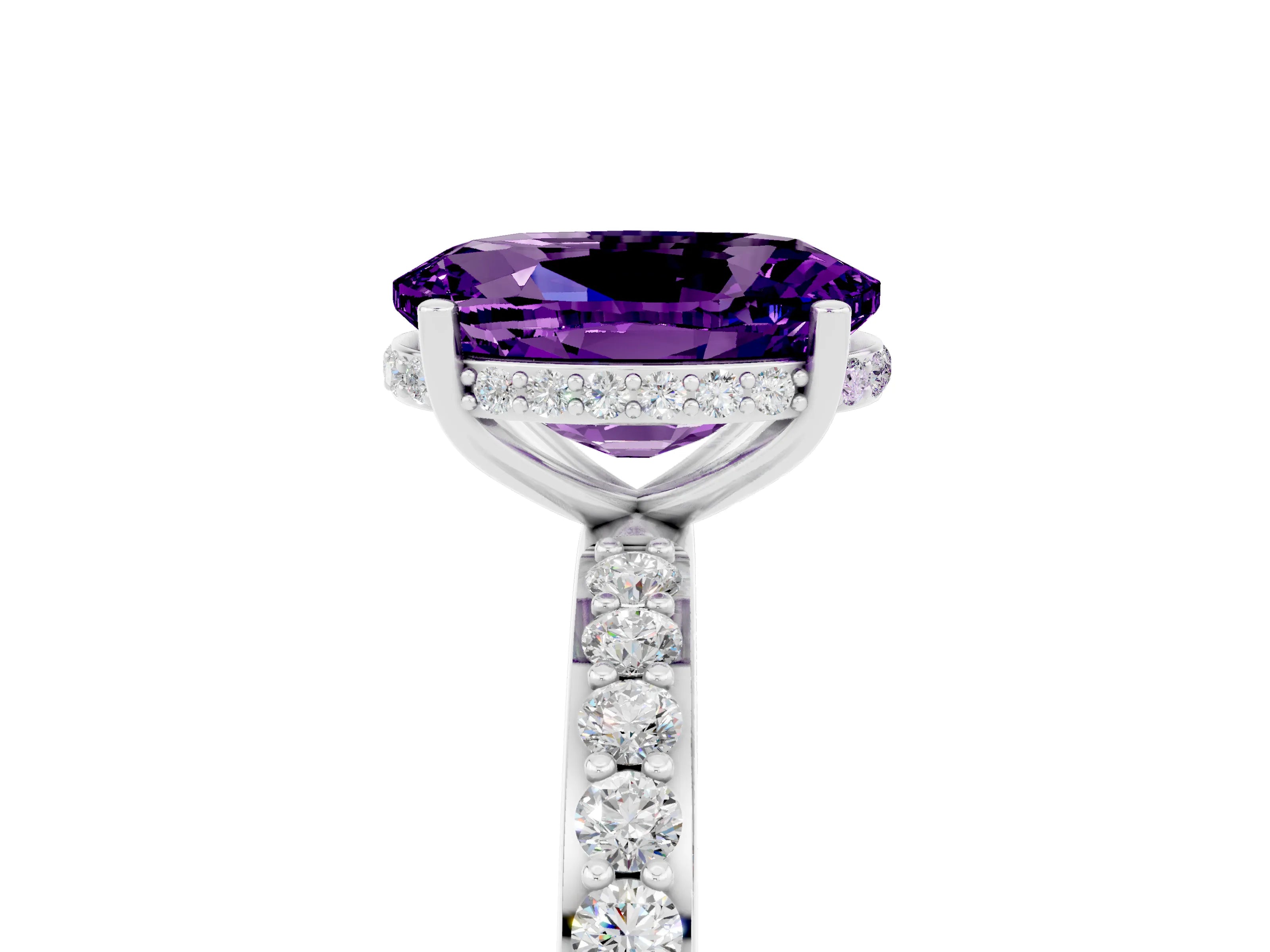 White gold Oval Cut Amethyst Solitaire Ring with Pavé Band and Hidden Halo_5