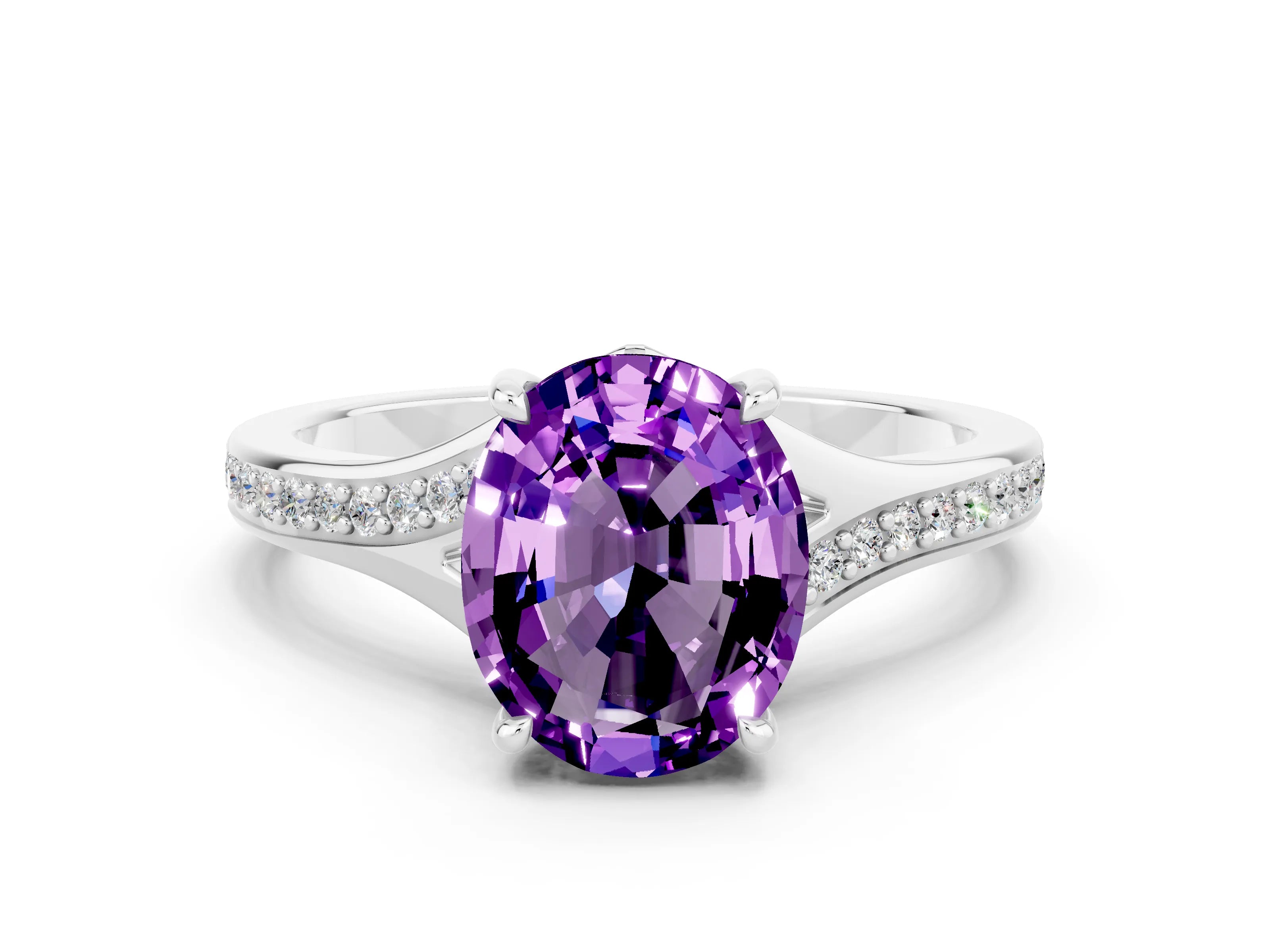 White gold Oval Cut Amethyst Solitaire Ring with Pavé Band and Prong Setting_12