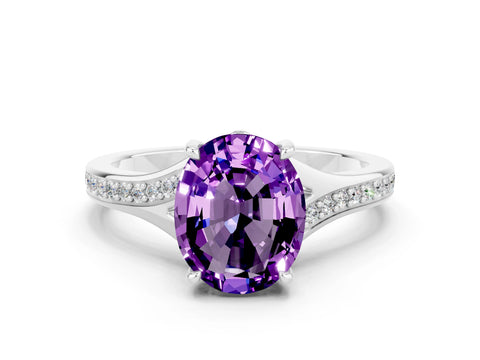 White gold Oval Cut Amethyst Solitaire Ring with Pavé Band and Prong Setting_12