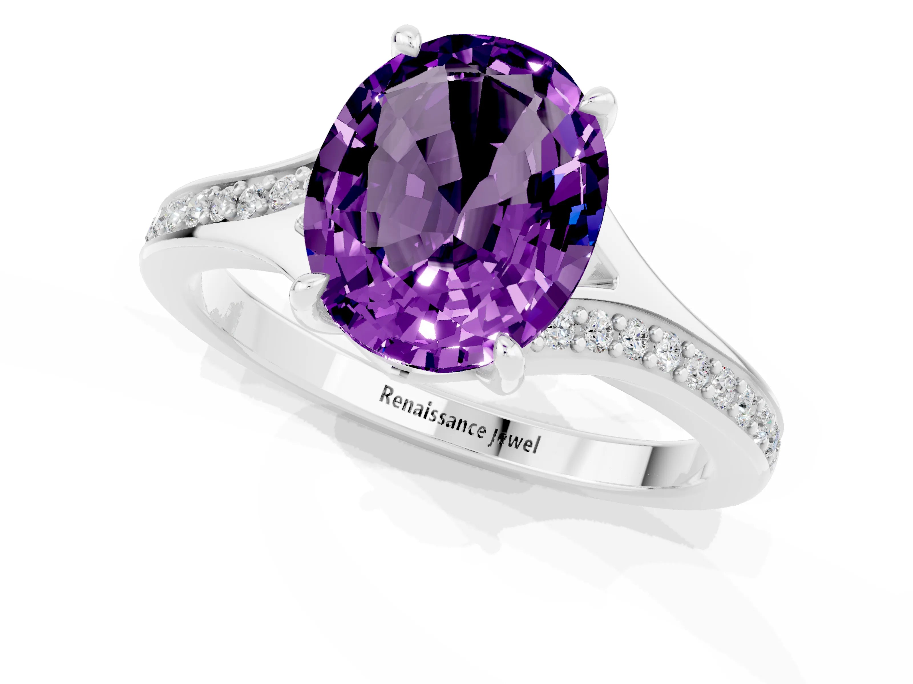 White gold Oval Cut Amethyst Solitaire Ring with Pavé Band and Prong Setting_13