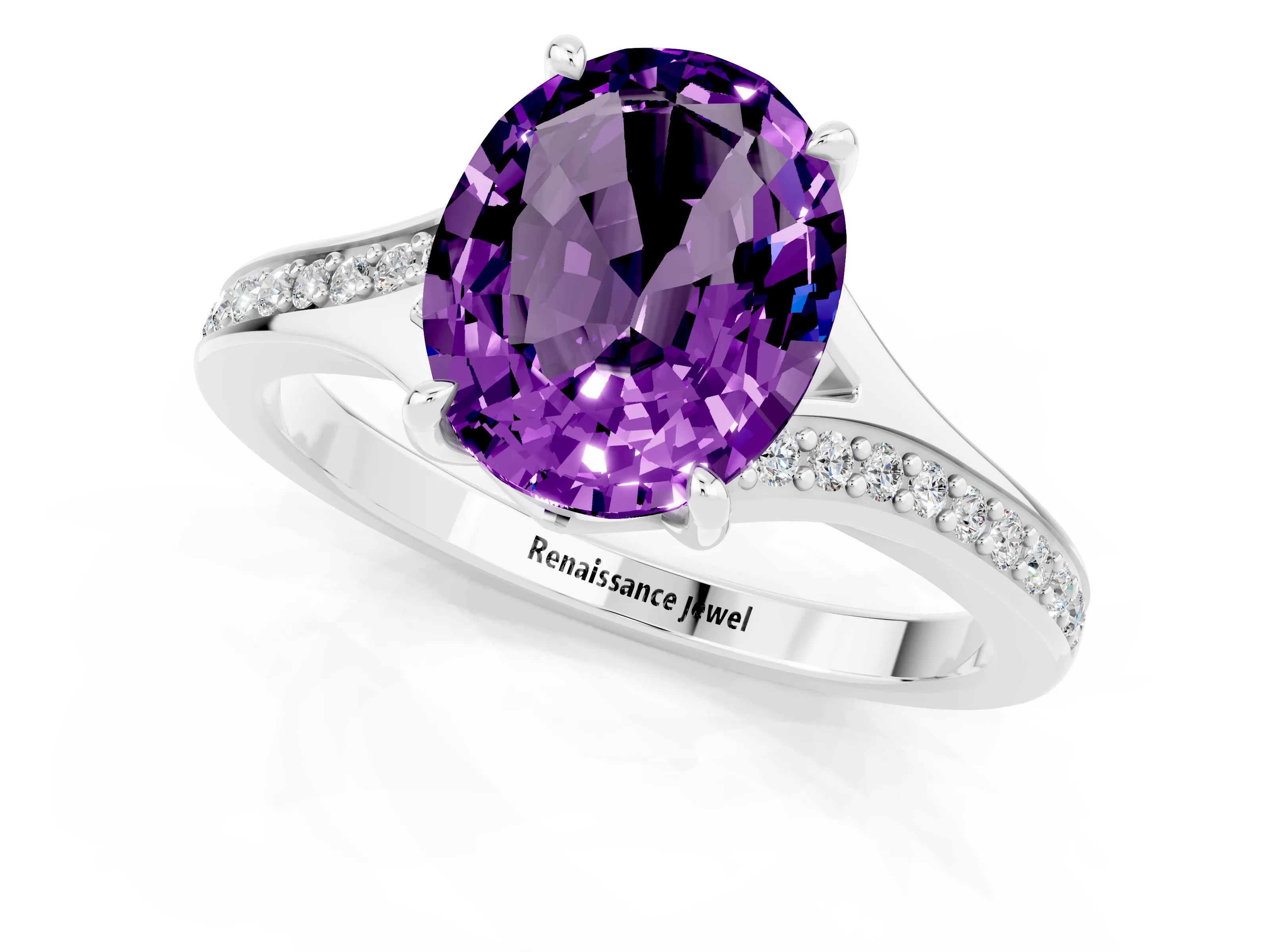 White gold Oval Cut Amethyst Solitaire Ring with Pavé Band and Prong Setting_1