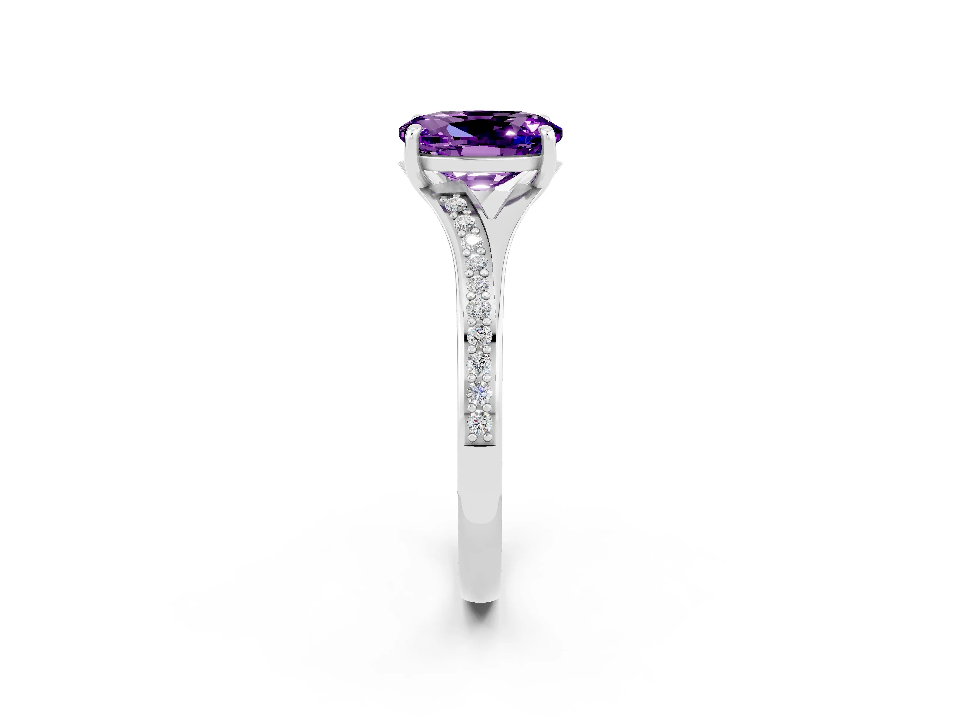White gold Oval Cut Amethyst Solitaire Ring with Pavé Band and Prong Setting_2