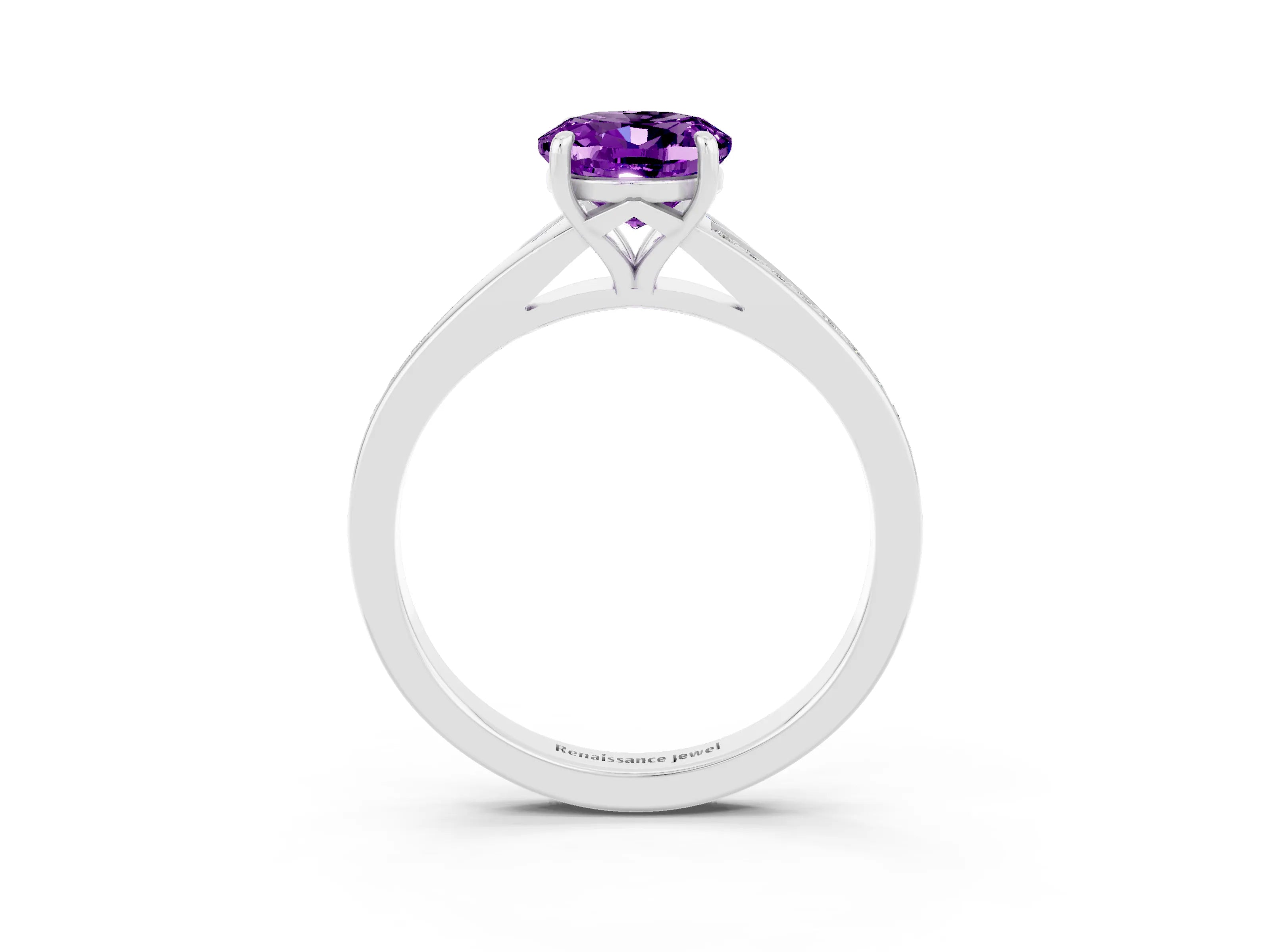 White gold Oval Cut Amethyst Solitaire Ring with Pavé Band and Prong Setting_3
