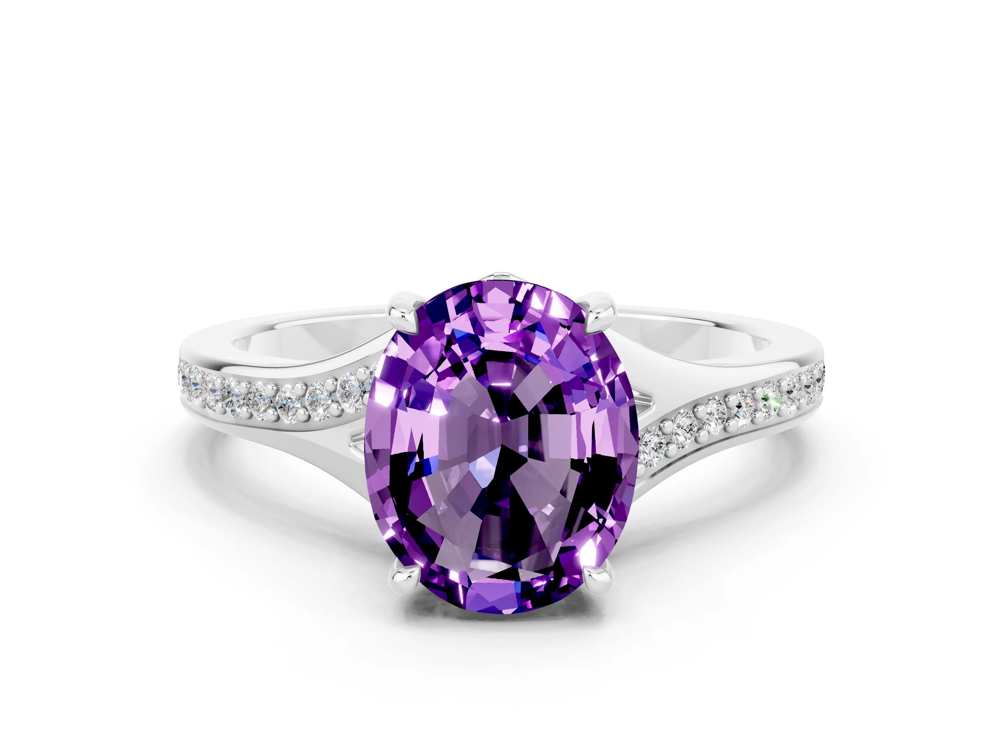 White gold Oval Cut Amethyst Solitaire Ring with Pavé Band and Prong Setting