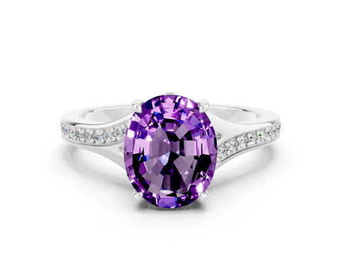 White gold Oval Cut Amethyst Solitaire Ring with Pavé Band and Prong Setting