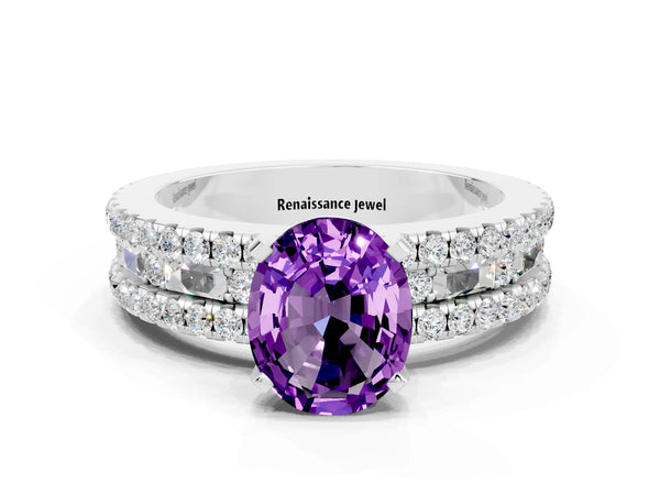 Platinum Oval Cut Amethyst Solitaire Ring with Pavé and Channel Set Band