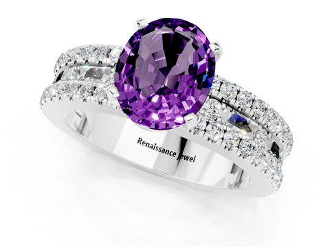 White gold Oval Cut Amethyst Solitaire Ring with Pavé and Channel Set Band_1