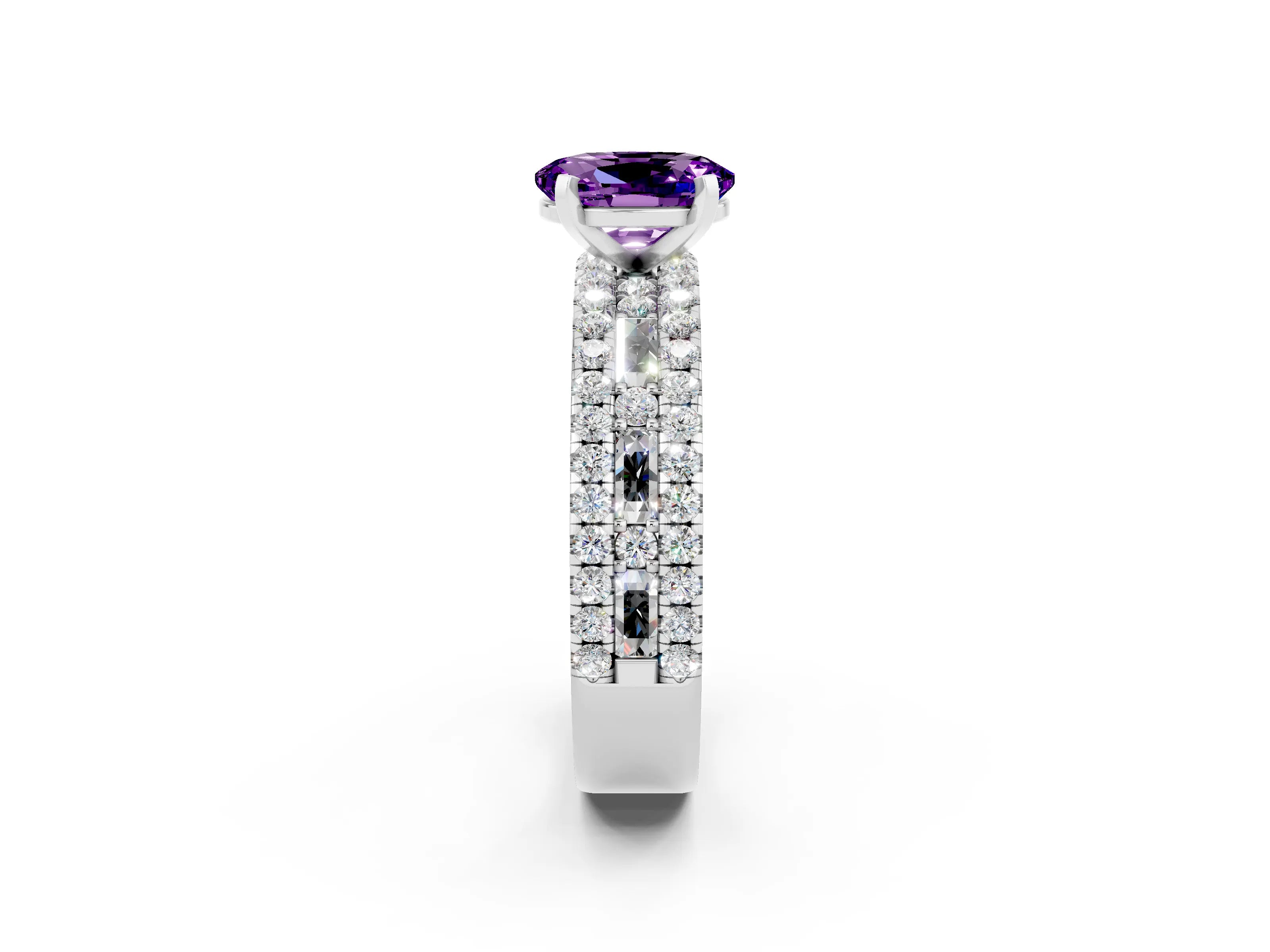 White gold Oval Cut Amethyst Solitaire Ring with Pavé and Channel Set Band_2