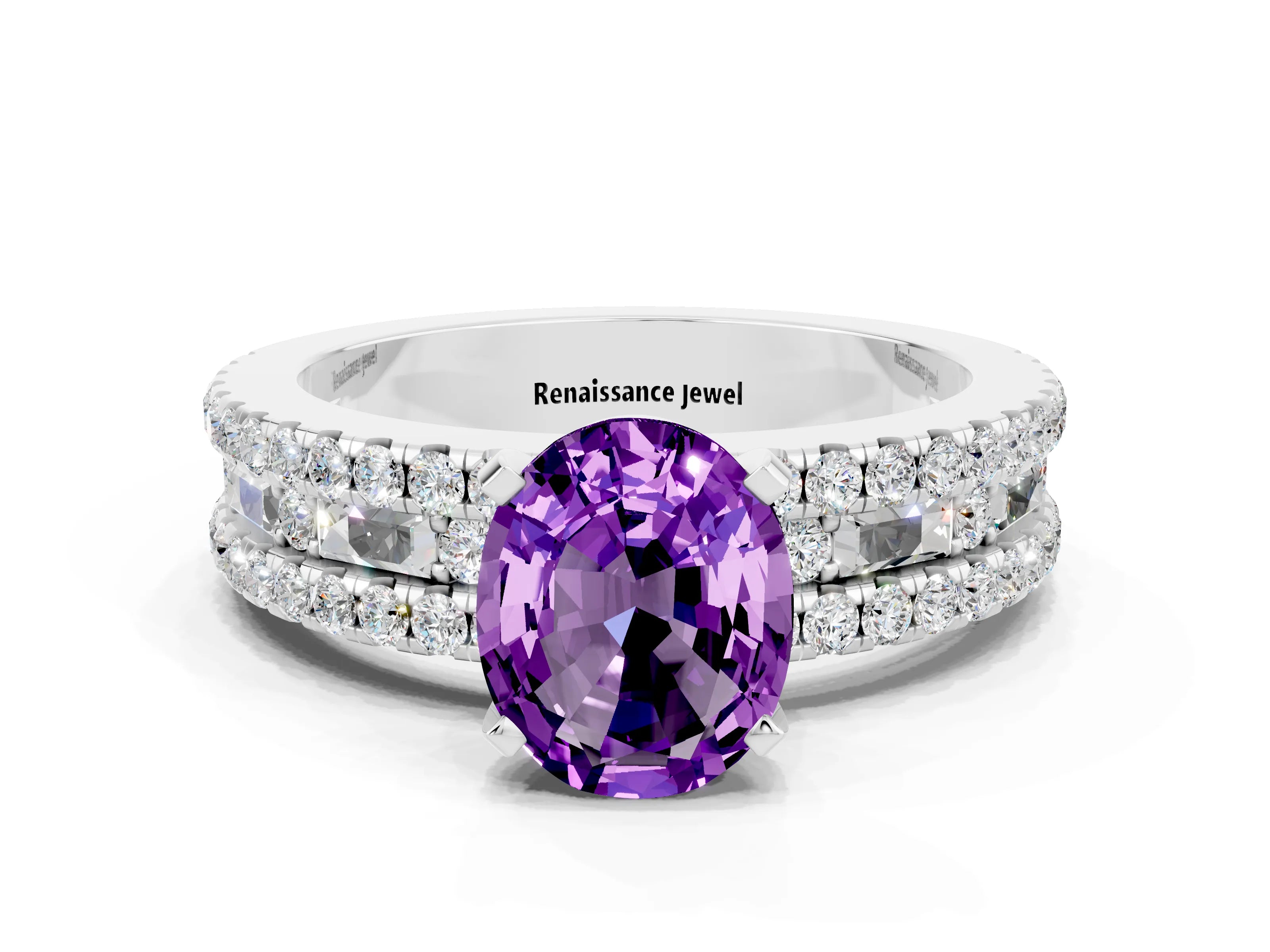 White gold Oval Cut Amethyst Solitaire Ring with Pavé and Channel Set Band