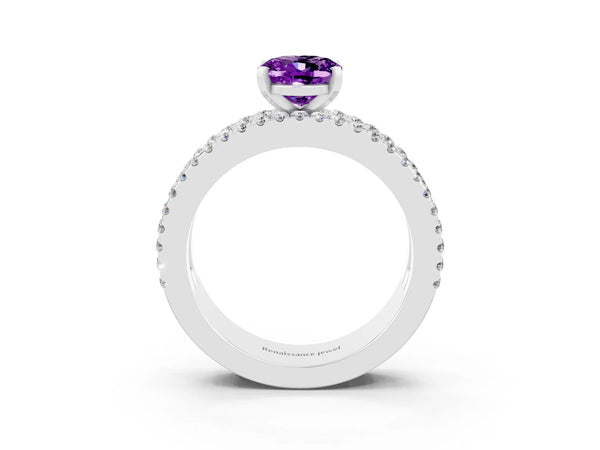 Silver Oval Cut Amethyst Solitaire Ring with Pavé and Channel Set Band