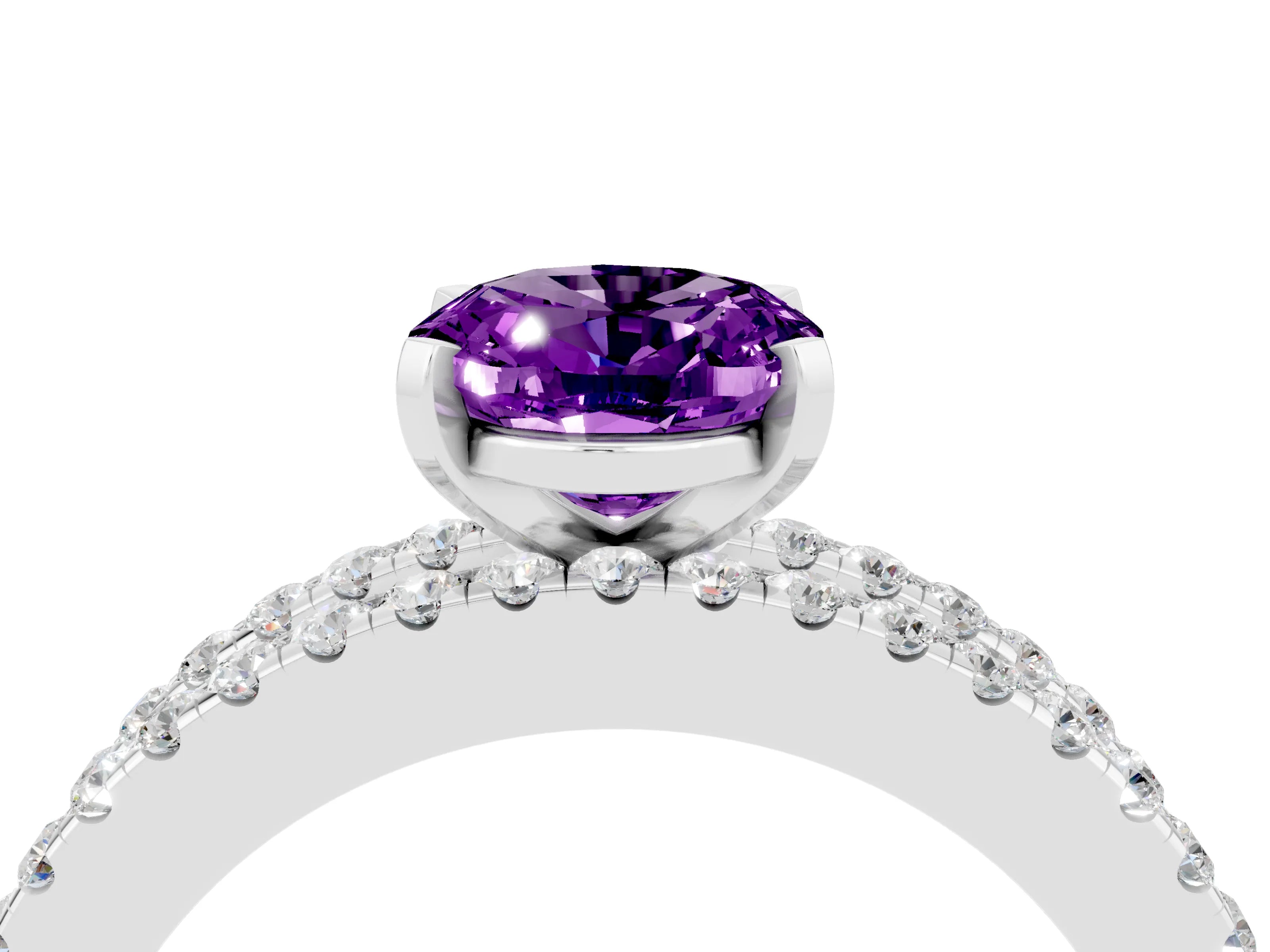 White gold Oval Cut Amethyst Solitaire Ring with Pavé and Channel Set Band_4