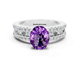 White gold Oval Cut Amethyst Solitaire Ring with Pavé and Channel Set Band