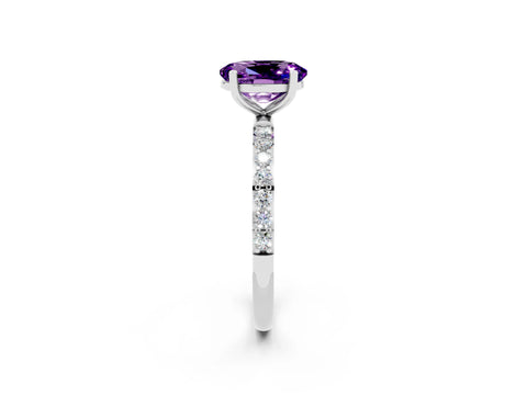 White gold Oval Cut Amethyst Solitaire Ring with Pave Band and Four Prong Setting_14