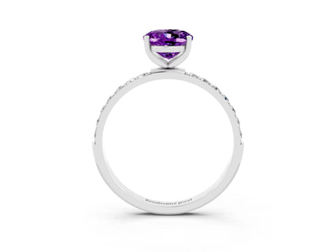 White gold Oval Cut Amethyst Solitaire Ring with Pave Band and Four Prong Setting_15