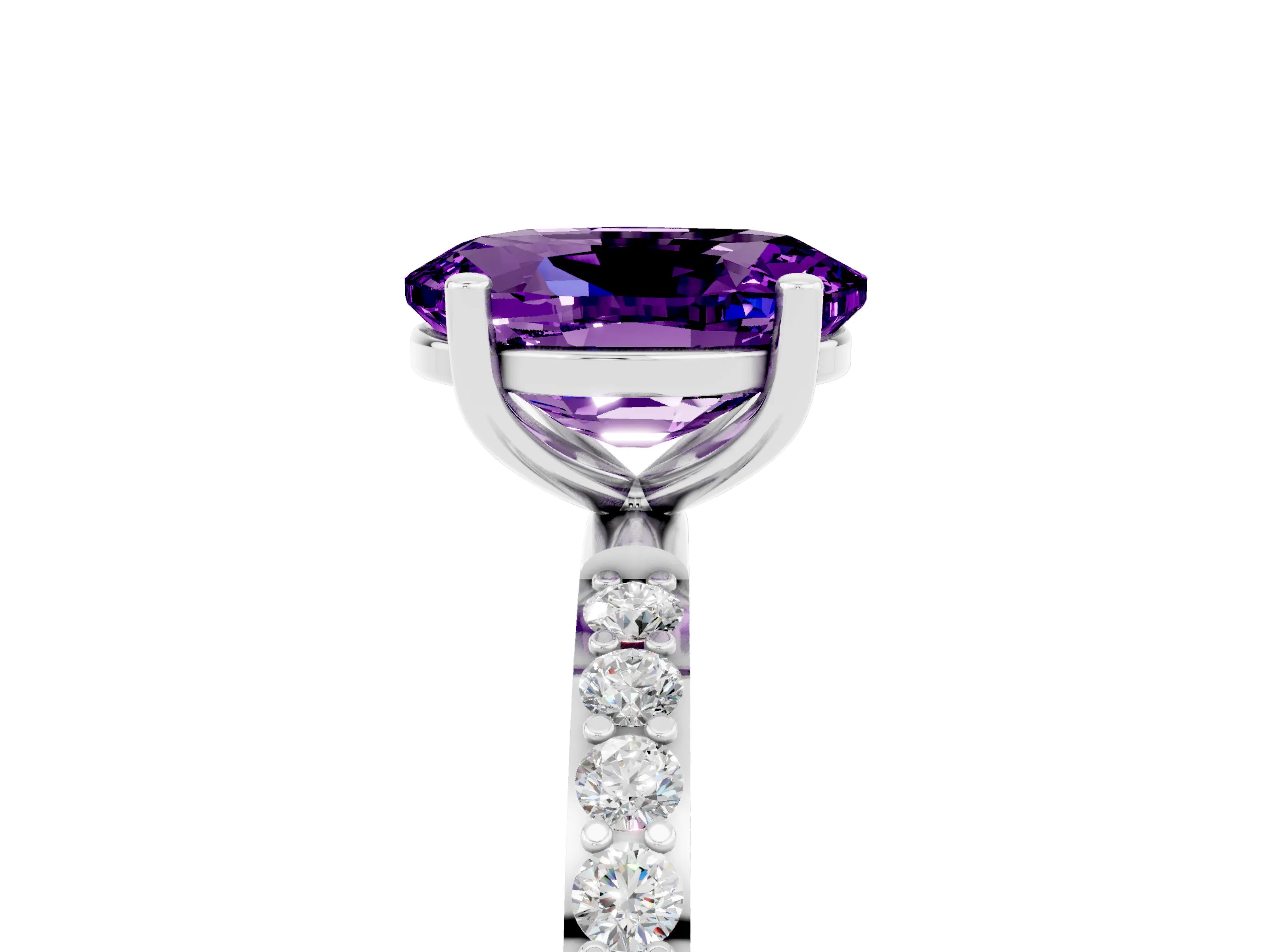 White gold Oval Cut Amethyst Solitaire Ring with Pave Band and Four Prong Setting_17