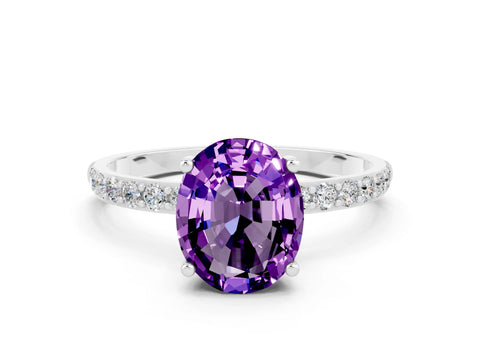 White gold Oval Cut Amethyst Solitaire Ring with Pave Band and Four Prong Setting_24