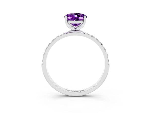 Silver Oval Cut Amethyst Solitaire Ring with Round  Pavé Band and Prong Setting
