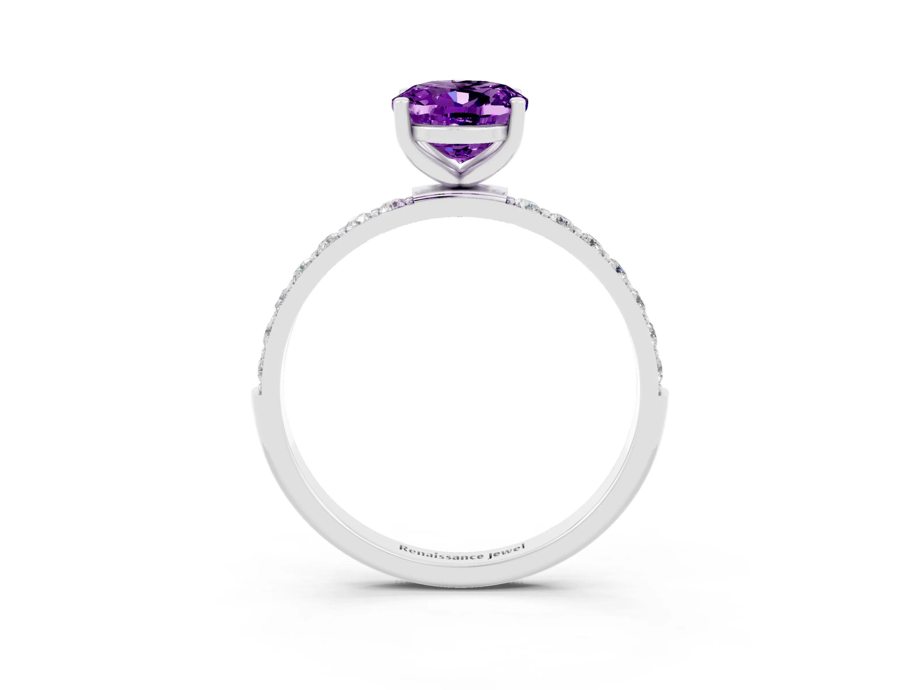White gold Oval Cut Amethyst Solitaire Ring with Pave Band and Four Prong Setting_27