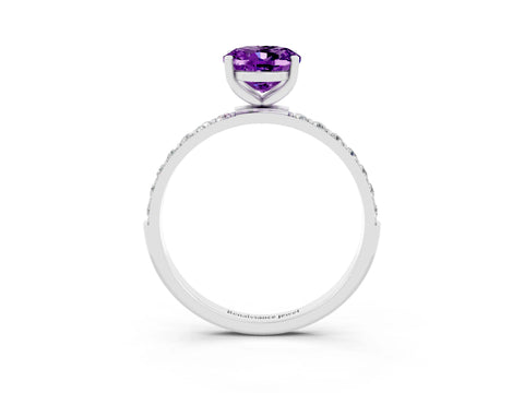 White gold Oval Cut Amethyst Solitaire Ring with Pave Band and Four Prong Setting_27