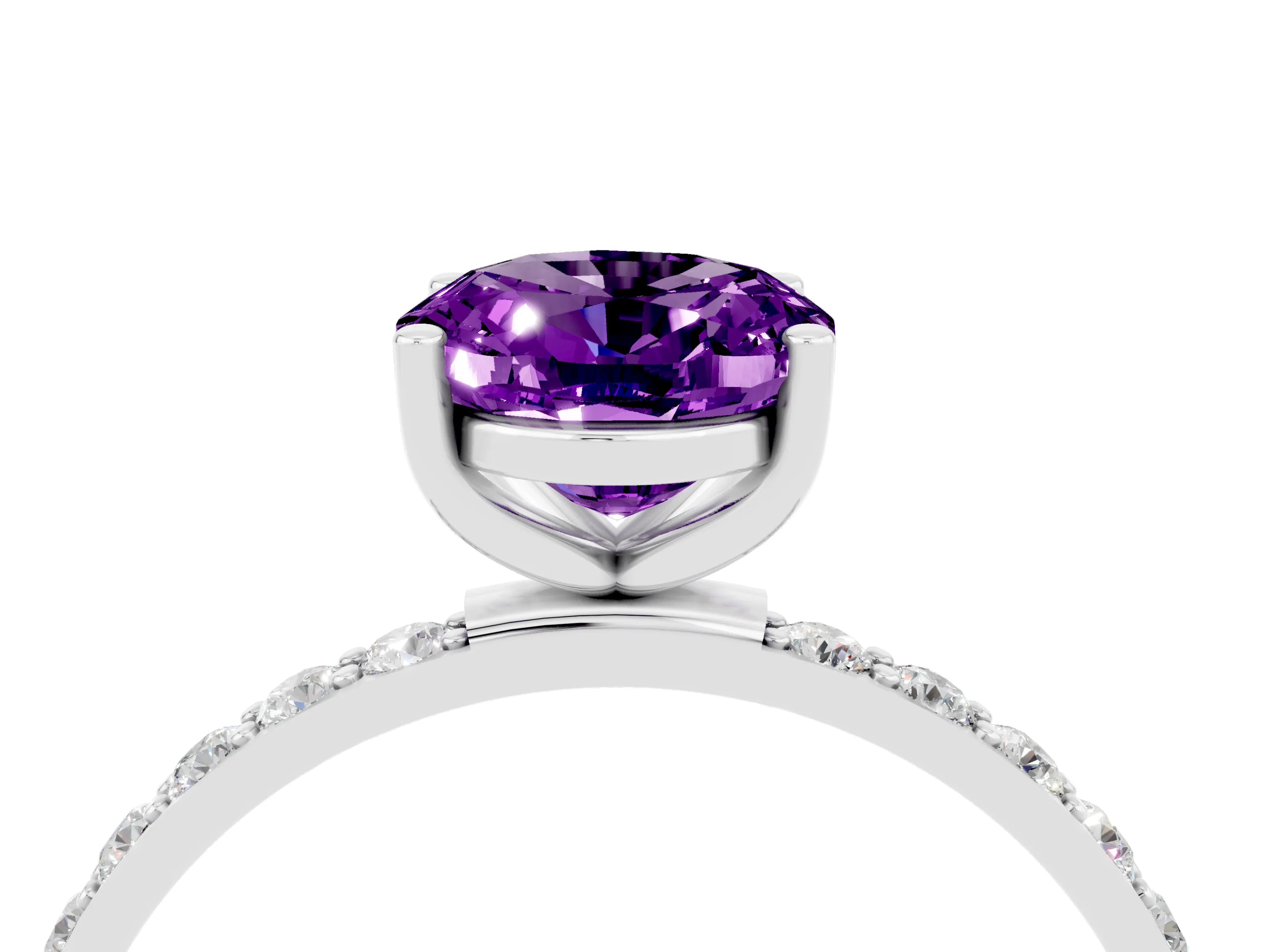 White gold Oval Cut Amethyst Solitaire Ring with Pave Band and Four Prong Setting_28