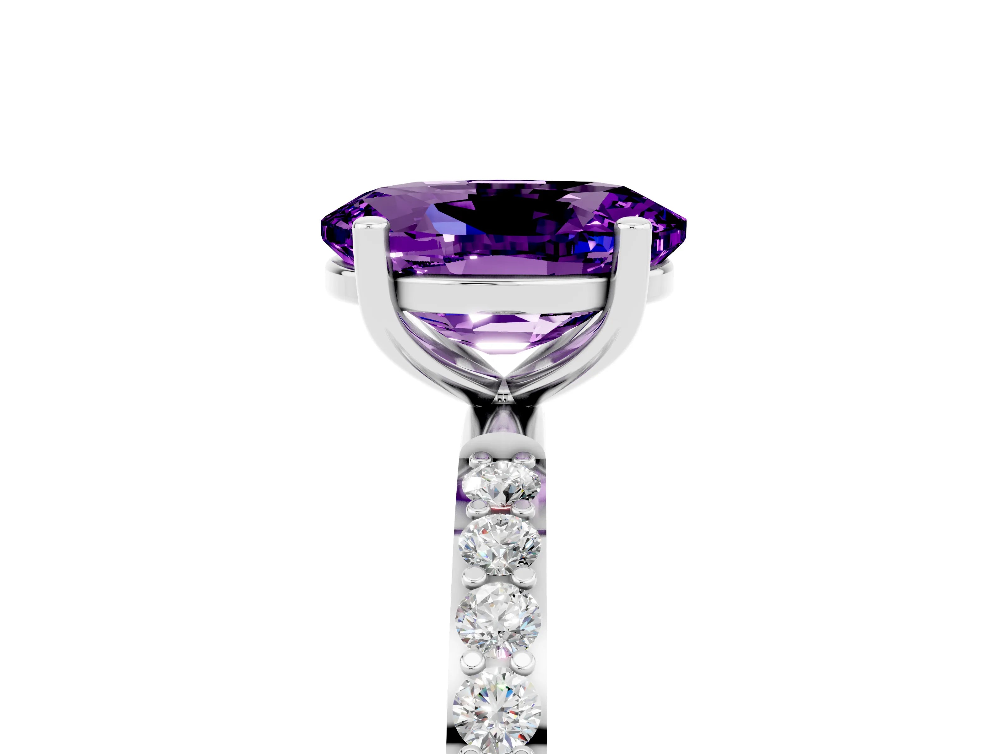 White gold Oval Cut Amethyst Solitaire Ring with Pave Band and Four Prong Setting_29