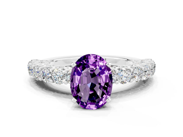 Platinum Oval Cut Amethyst Solitaire Ring with Shared Prong Pavé Band and Four-Prong Setting