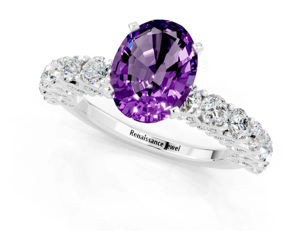 Platinum Oval Cut Amethyst Solitaire Ring with Shared Prong Pavé Band and Four-Prong Setting