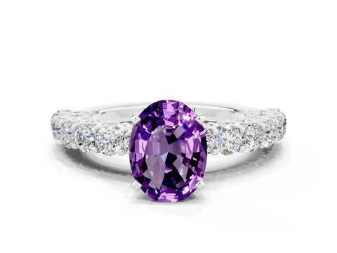 White gold Oval Cut Amethyst Solitaire Ring with Shared Prong Pavé Band and Four-Prong Setting