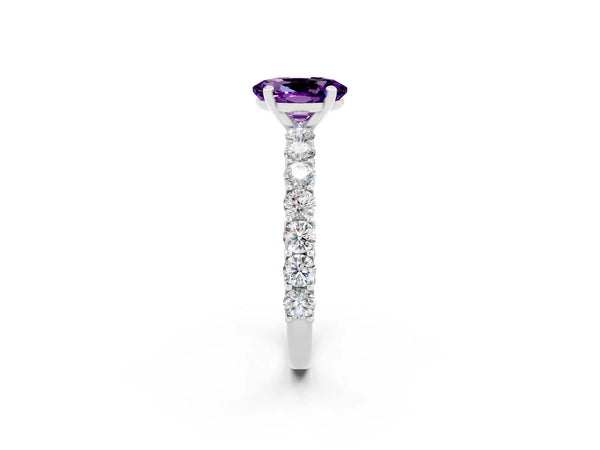 White gold Oval Cut Amethyst Solitaire Ring with Shared Prong Pavé Band and Four-Prong Setting