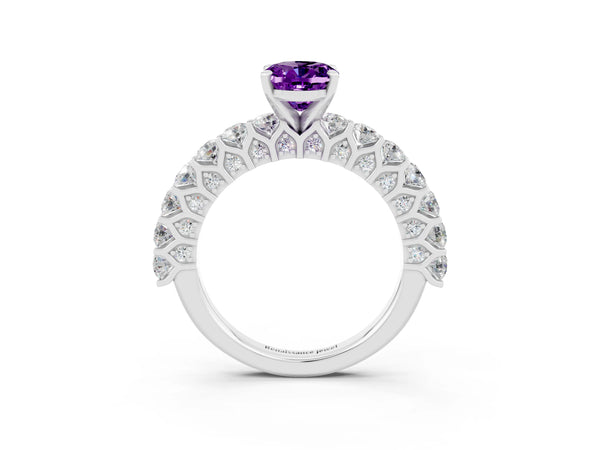 Platinum Oval Cut Amethyst Solitaire Ring with Shared Prong Pavé Band and Four-Prong Setting