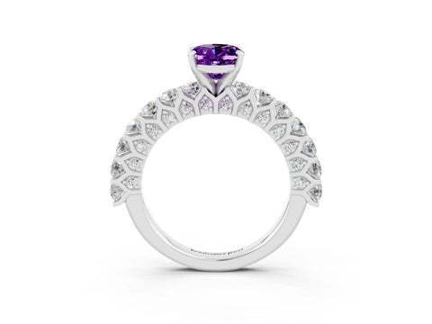White gold Oval Cut Amethyst Solitaire Ring with Shared Prong Pavé Band and Four-Prong Setting_3